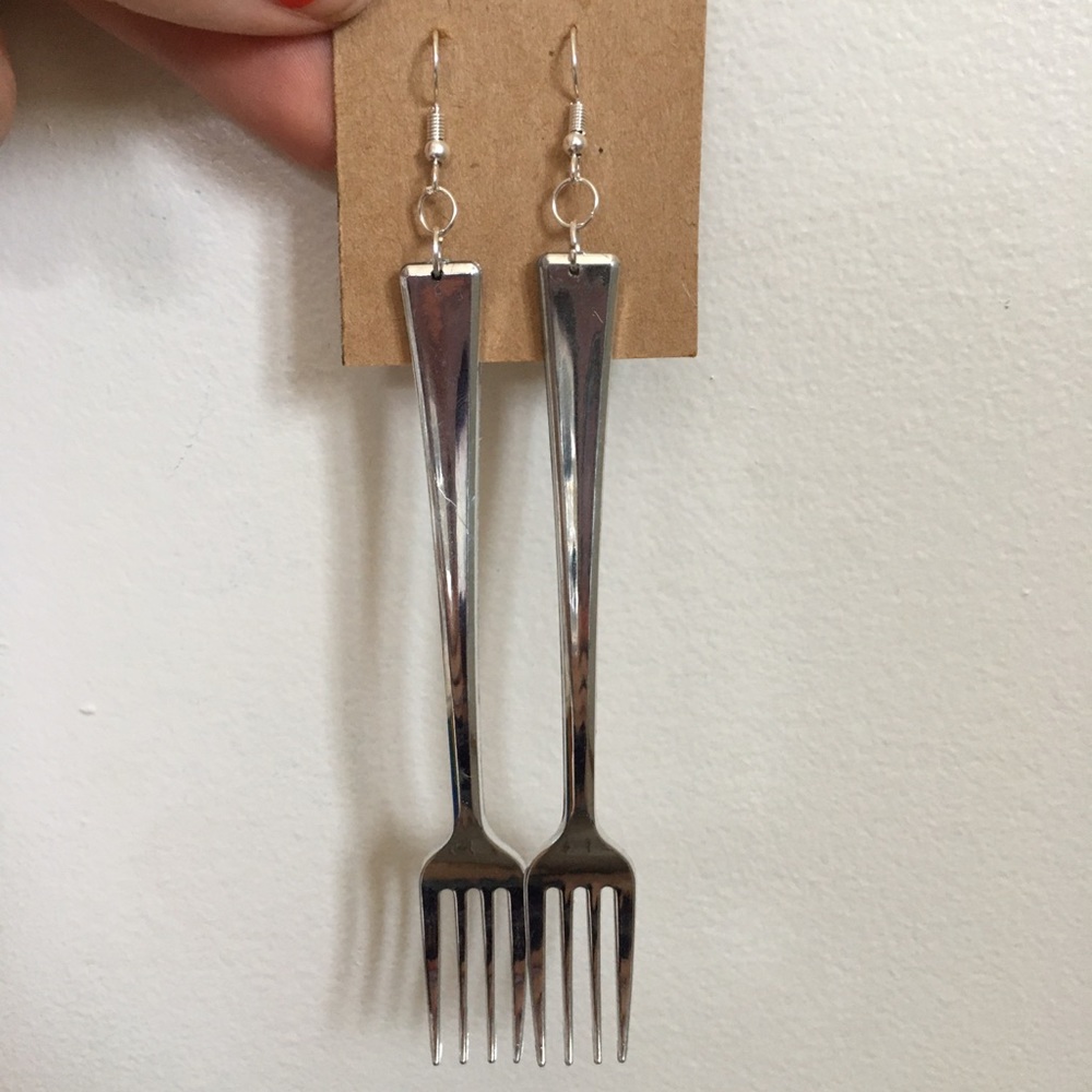 Plastic silver dangly fork earrings